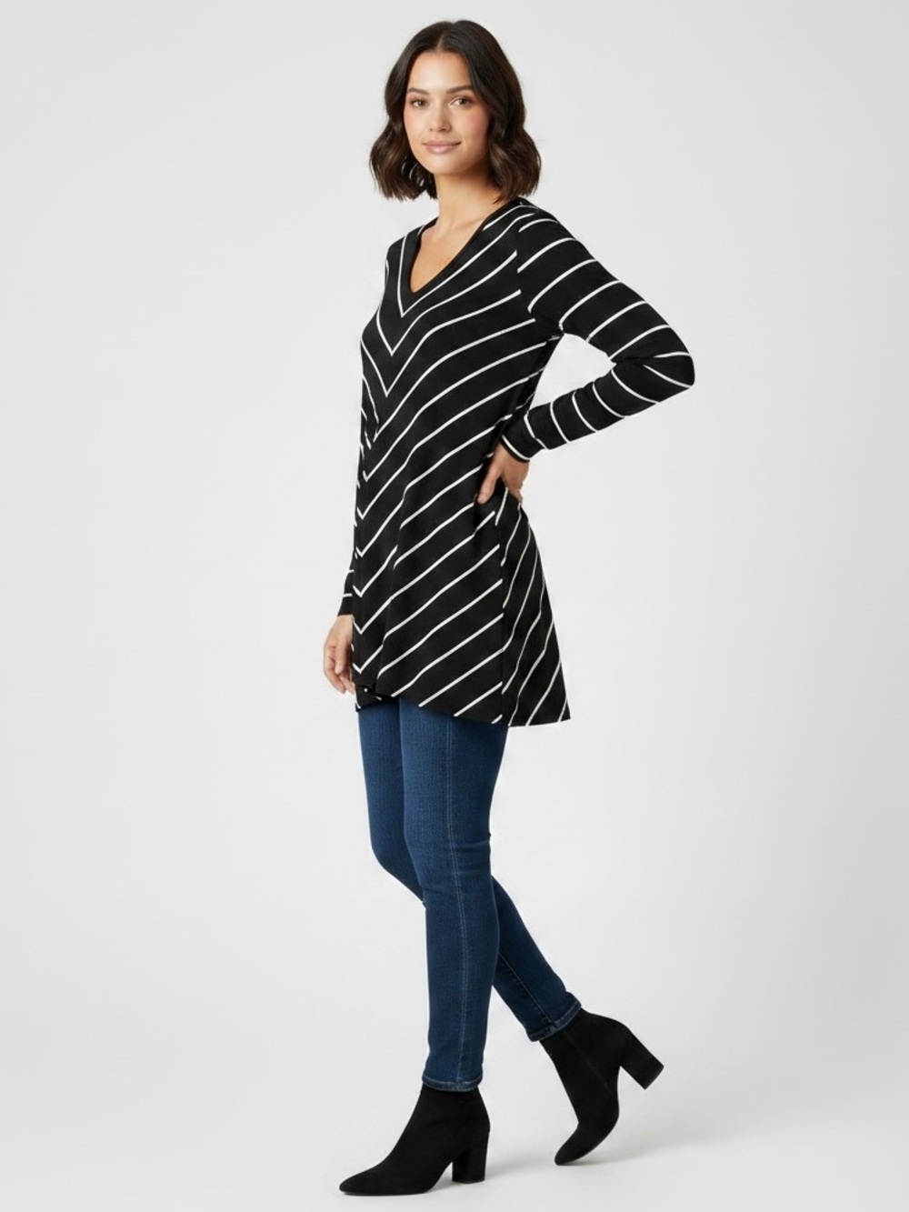 🌟 Larry Levine Black and White Striped V-Neck Dress/Tunic Size M - NWOT